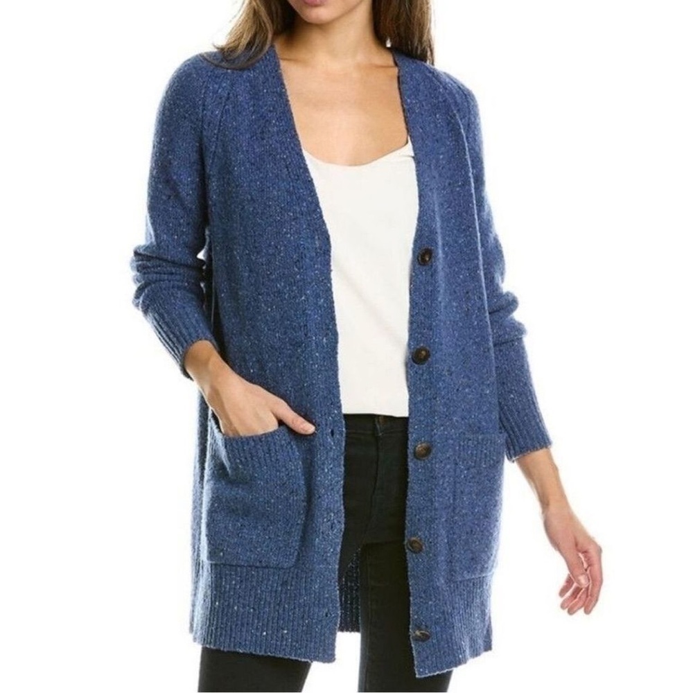 Lafayette 148 New York Oversized Donegal Blue Cashmere Cardigan Sweater EUC XXS